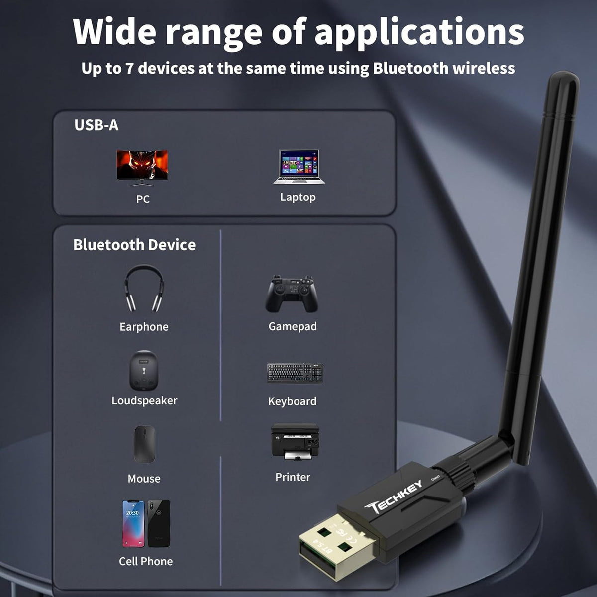 Techkey 5.4 500FT 5dBi 11/10/8.1, Headphones/Headset/Speaker/Mouse/Keyboard/Printer USB Bluetooth Adapter for Desktop