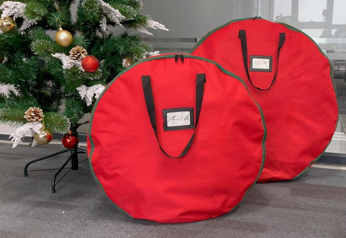 Skiennix Wreath Storage Container - Heavy Duty 600D Oxford Cloth | 30x7 Inch Red Bag for Holiday Wreaths
