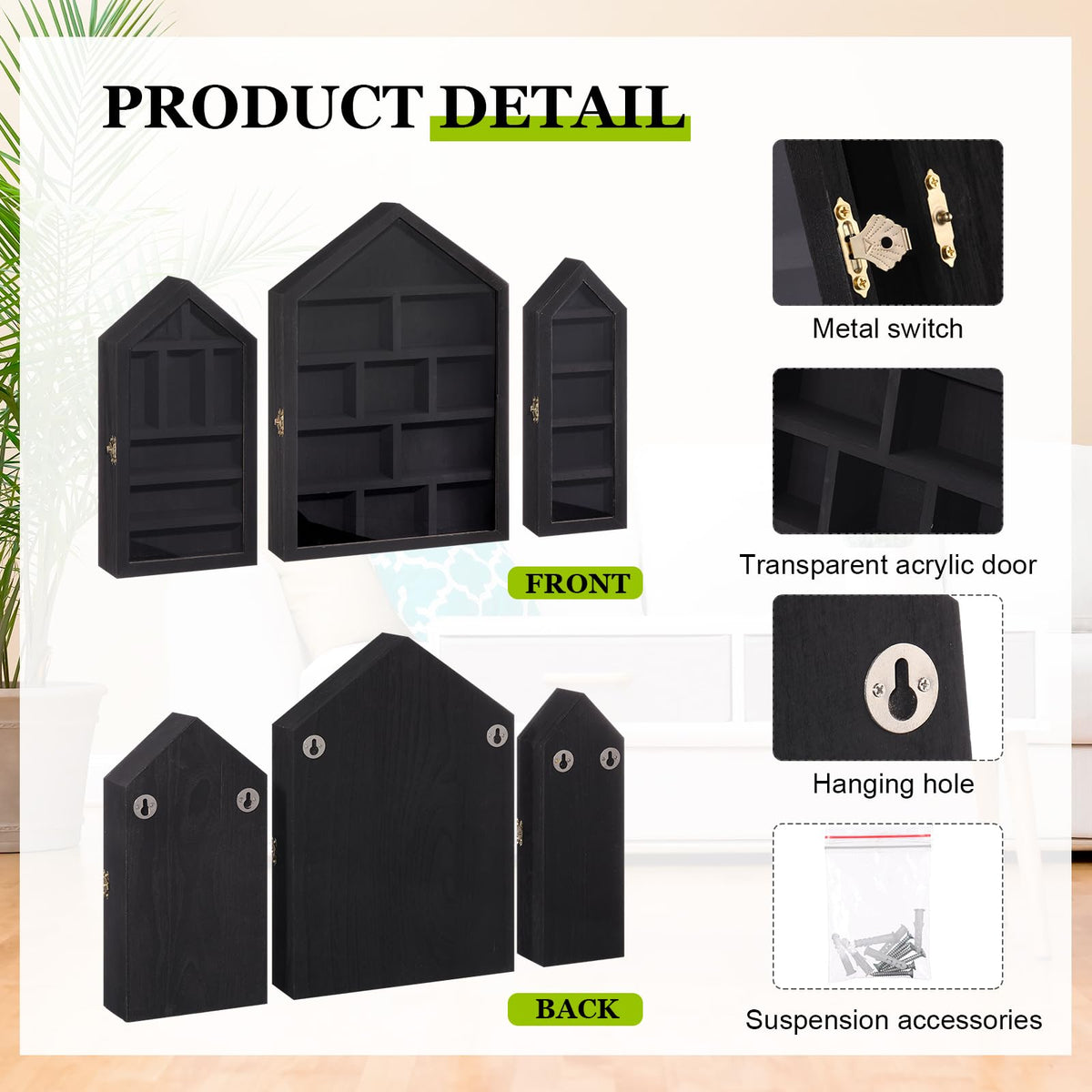 DoubleFill Set of 3 Wooden Trinket Display Shelf Shadow Box with Shelves 10 x 15 Inch Large Wall Mounted Display Storage Mini Figures Curio Trinket Medals Crafts Collections(Black,House Shape)