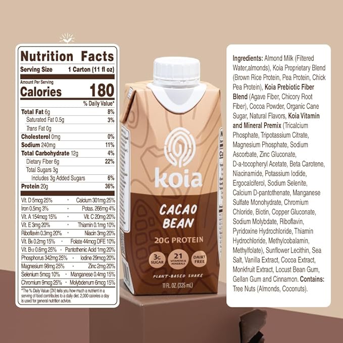 Koia Plant Based Protein Shake, Cacao Bean, 20g Protein, 3g Sugar, 6g Prebiotic Fiber, 21 Vitamins & Minerals, Meal Replacement Drinks, Dairy-Free, Gluten-Free, Non-GMO, 11 Fl Oz (Pack of 12)