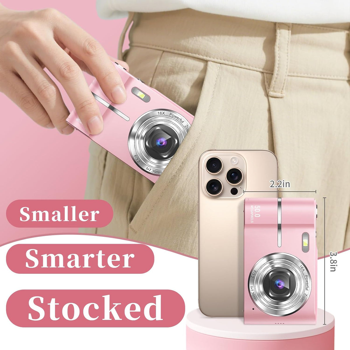 Basdecm 4K 50MP -16X 6 7 8 9 10 Digital Camera for Kids: Pink Camera for Photography Zoom Anti-Shake, Date Stamp