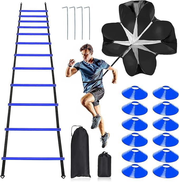 Pro Speed & Agility Training Set—Includes 12 Rung 20ft Adjustable Agility Ladder with Carrying Bag, 12 Disc Cones, 4 Steel Stakes, 1 Resistance Parachute, Use Equipment to Improve Footwork Any Sport