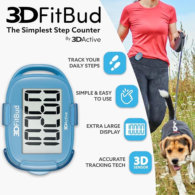 3DFitBud Simple Step Counter Walking 3D Pedometer from 3DActive with Clip & Lanyard - A420S