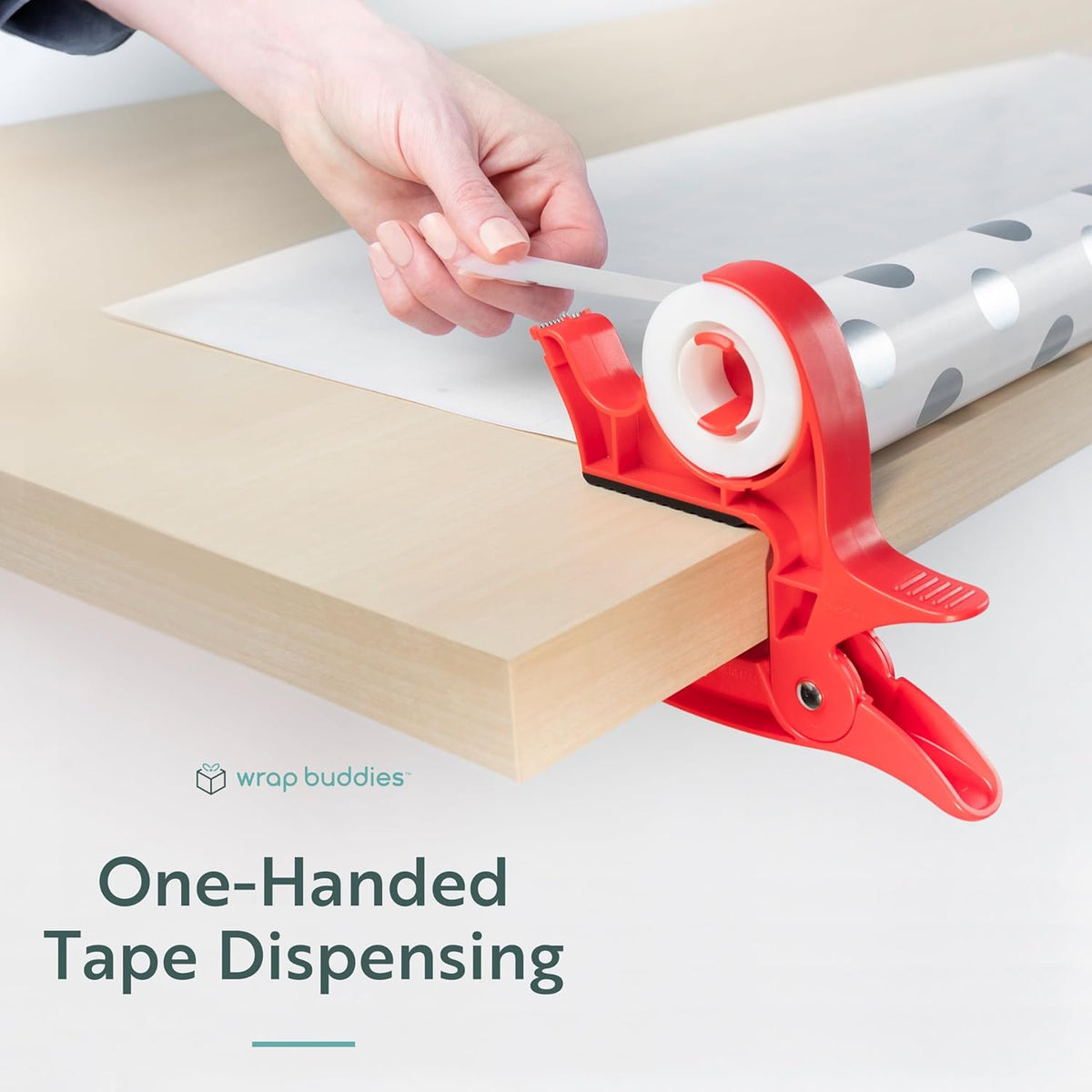 Wrap Buddies Tabletop Gift Wrapping Tool - Set of 2 Adjustable Clamps with Tape Dispenser - One-Handed Cutter in Cherry Red