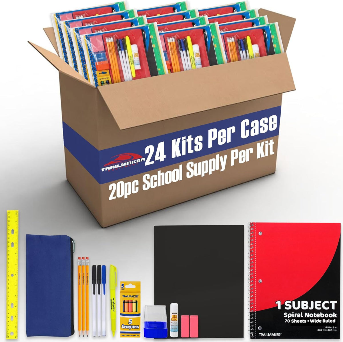 Trail maker 24 Pack Bulk Back to School Supplies for Kids | 20 Piece School Supply Kits in Bulk for Kindergarten, Elementary, K-12 with Notebook, Crayons, Pencils, and More