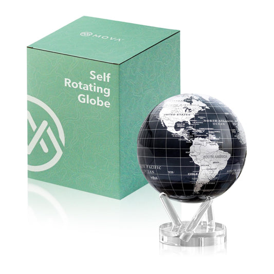 MOVA Globe - Jet Black and Silver Prestige (8.5") | Solar-Powered Rotating Desk Globe with Minimalist Map Design | No Batteries or Cords | Modern Decor Gift