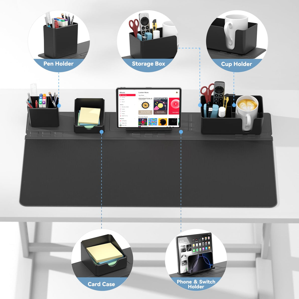 KDD Desk Pad and Magnetic Organizer Set - 5 in 1 Large Mouse Mat with Phone Stand, Cup Holder, Pen Holder, Storage Box & Card Case, Multifunction DIY Desktop Storage Accessories for Office and Home
