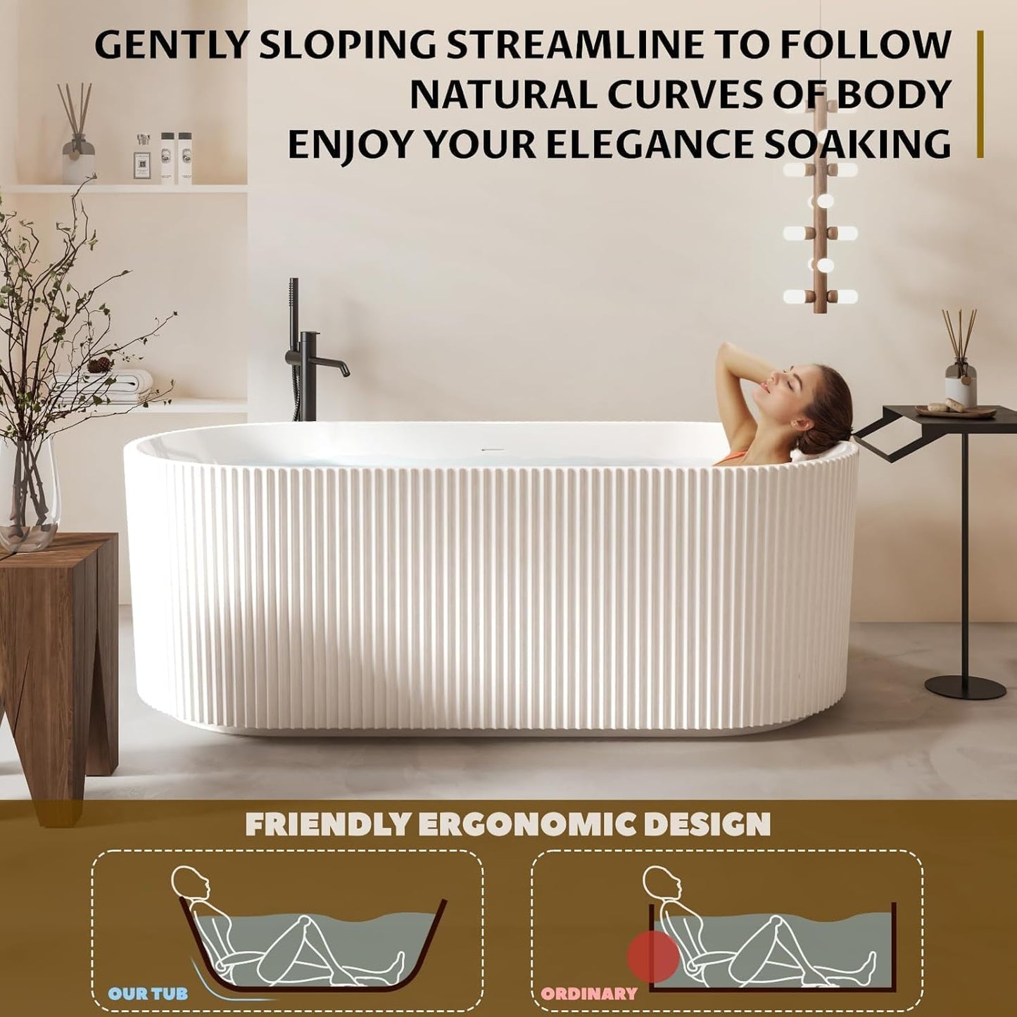 67" Acrylic Freestanding Bathtub, White Soaking Tub with Non-Slip Base, cUPC Certified Free Standing Tub, Chrome Drain Bath Tub, Modern Tub for Bathroom