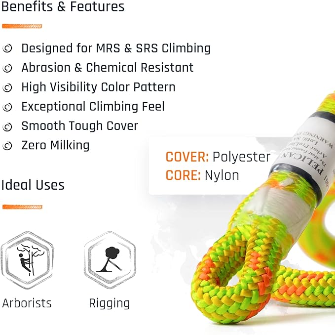 Pelican Rope Arborist Rope 11.8mm x 150Ft, USA Made High-Strength 24-Strands Static Climbing Rope - 5,400 lb Strength for Tree Climbing, Pulling, Outdoors & Swing - Yellow, Tight Spliced Eye