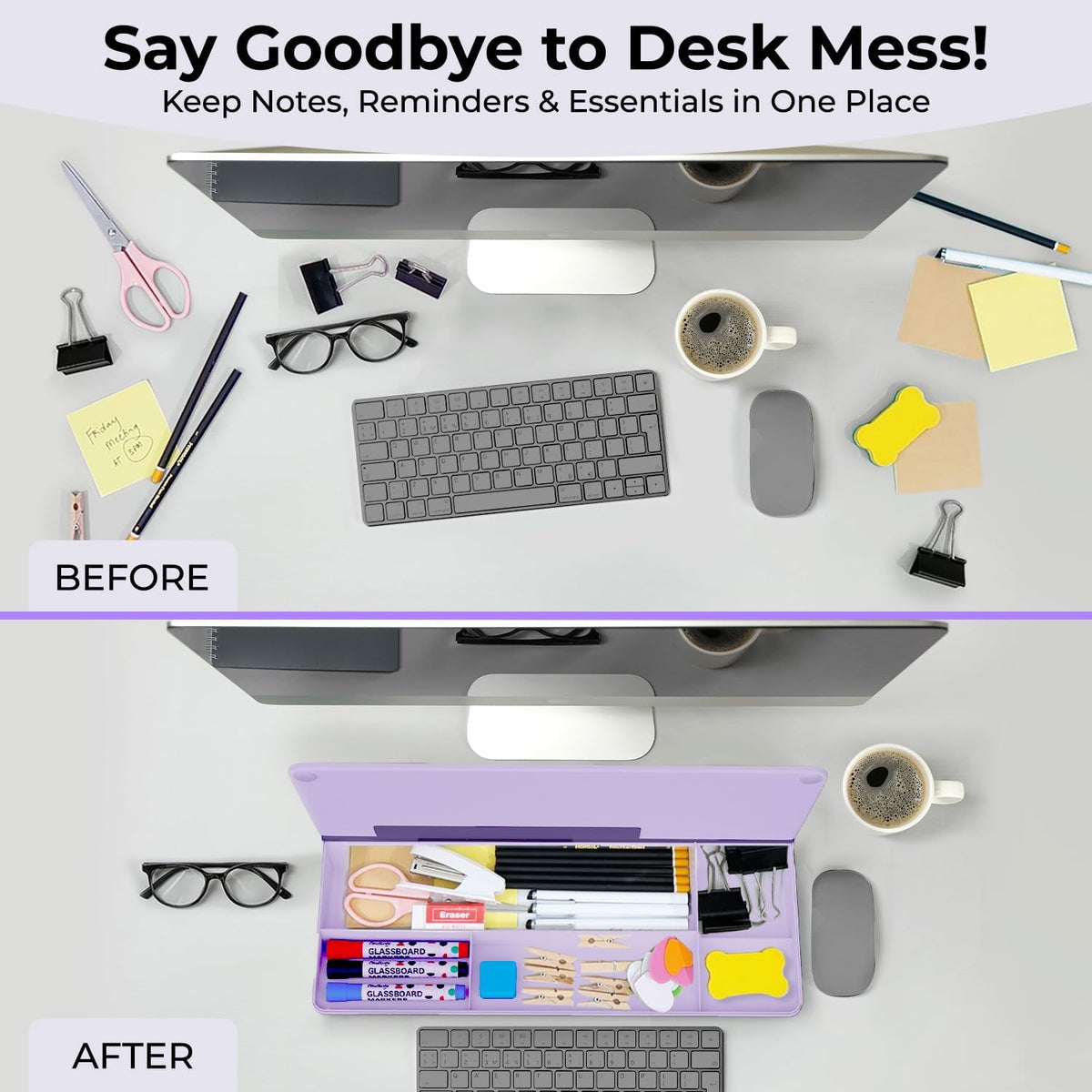 Chalkola Lavender Glass Desktop Whiteboard with Storage - Dry Erase Board, Work Desk Organizers, Computer Keyboard Stand, Home Office Desk Accessories, Workspace Desktop Buddy + 3 Markers