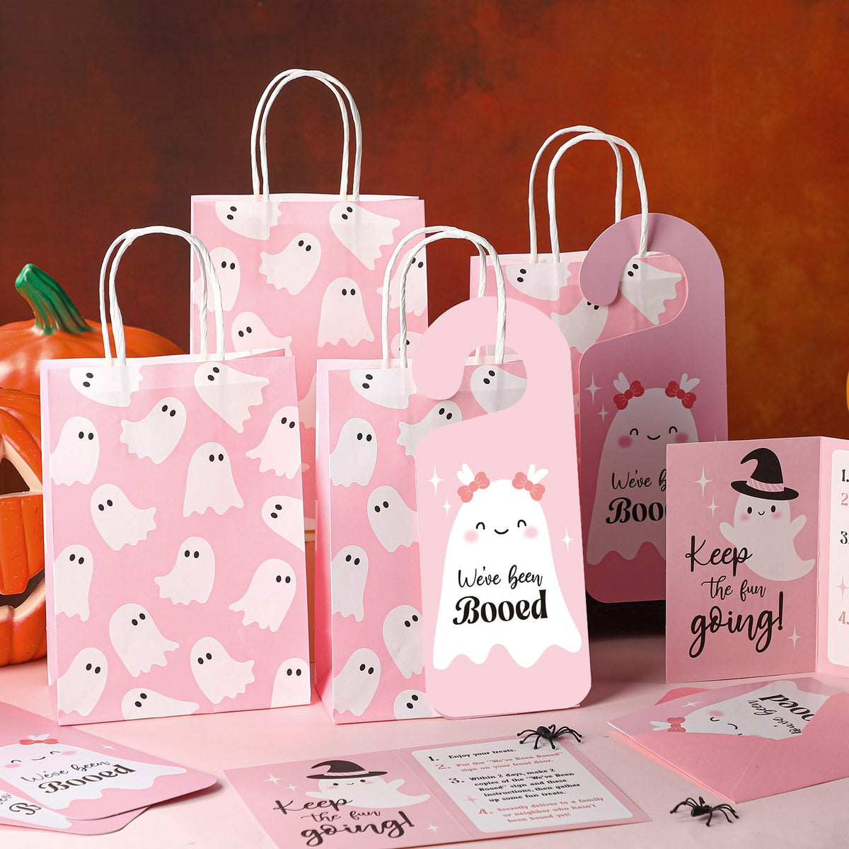 Resholder 24 Set Halloween You've Been Booed Ghost Paper Gift Treat Bag Kit with 24 Boo Gift Bags 24 Cardstock 24 We've Been Booed Doorknob Hangers 24 Envelopes for Neighbors Friends(Pink Ghost)