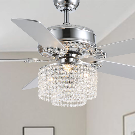 CROSSIO 52 Inch Crystal Ceiling Fan with Light and Remote Control, Modern Chandelier Fan with 5 Reversible Wood Blades Chrome Fandelier for Living Room Bedroom (Fine line Crystal-Ceiling Fan)