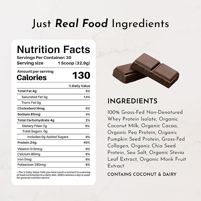 Chocolate Protein Powder ??30-Serving Blend with 100% Grass-Fed Whey & Organic Plant Proteins ??Rich Cocoa Flavor ??Supports Muscle Recovery, Energy & Satiety* ??No Artificial Sweeteners or Fillers