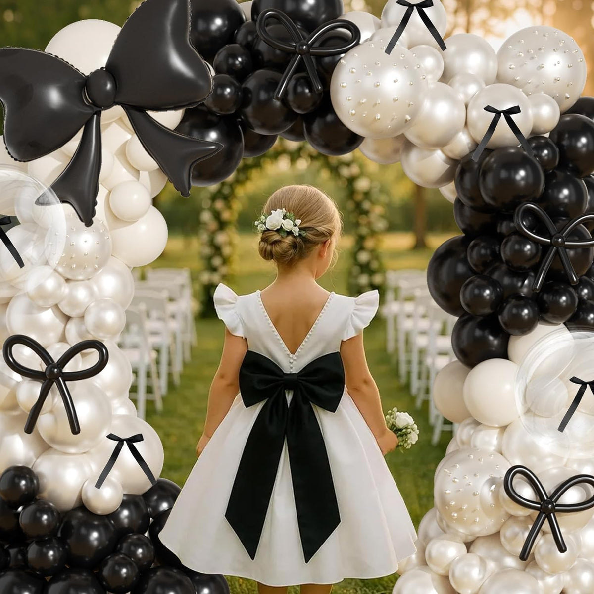 Skiennix Black Bow Birthday Decorations - 187Pcs Balloon Arch Kit with Pearl Balloons & Ribbons