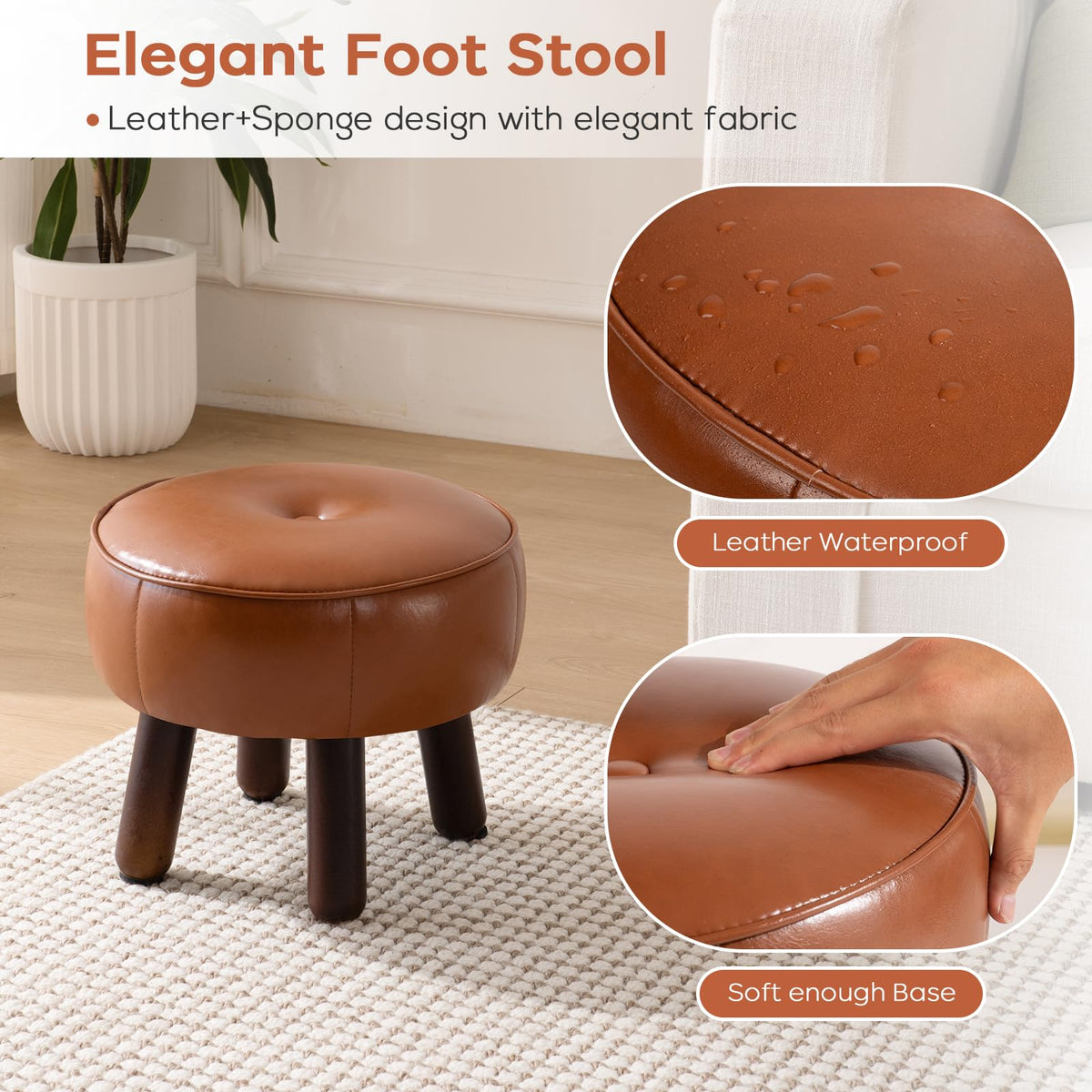 oakvivo Small Foot Stool, Round Faux Leather Pouf Ottoman Foot Rest, Footstool Ottomans with Rubber Legs Under Desk, 13''L x 13''W x 10.2''H, Footrest for Couch, Living Room, Bedroom, Hallway, Brown