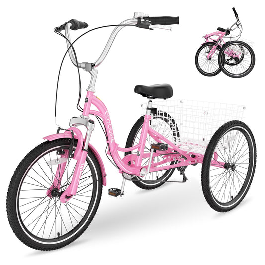 H&ZT Adult Tricycle, 3 Wheeled Bike, Trike Cruiser Bike, with 7-Speed Gear, Parking Brake Handle, Low Step, Large Rear Basket, Elderly Friendly, for Men, Women, and Teens