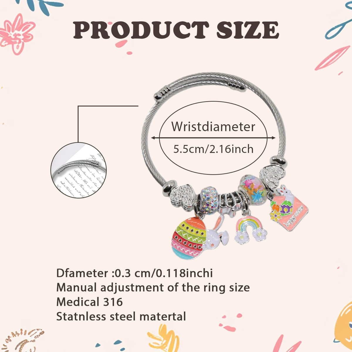 QMWKVNC Easter Charm Bracelets for Womens,Exquisite Cute Cartoon Friendship Silver Bracelets Stainless Steel Bangle, Womens Jewelry Suitable for Holiday Gifts and Birthday Gifts
