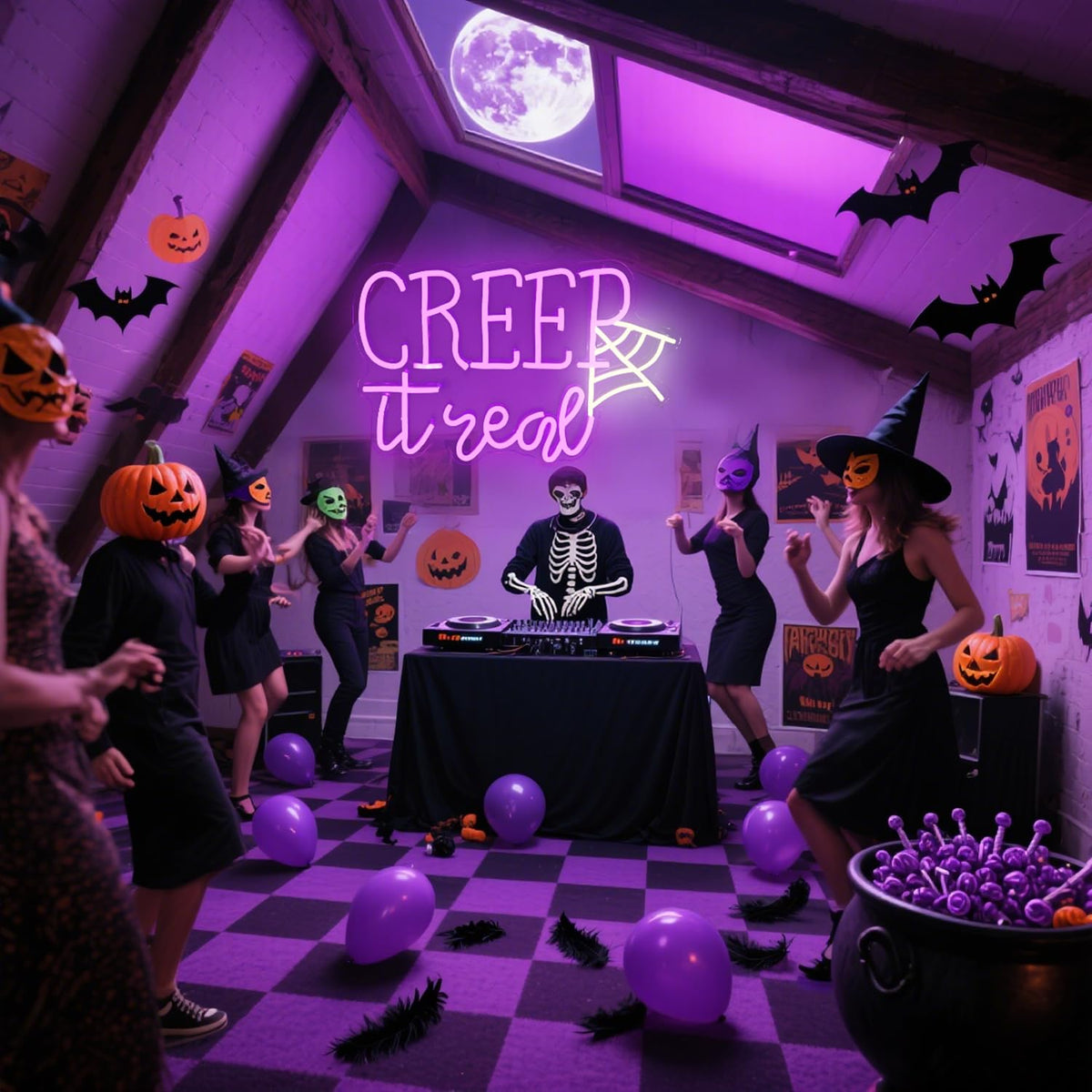Creep It Real Halloween Neon Sign with Ghost & Spider Web - Spooky Party Decor