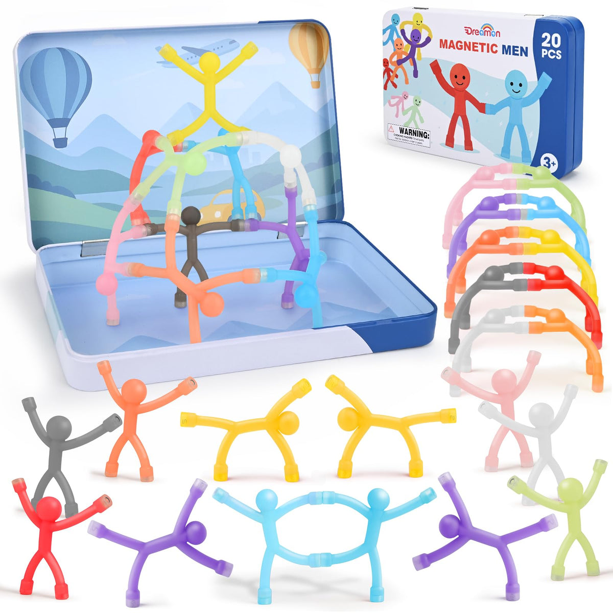 20Pcs Magnetic Travel Toys, Magnets Men for Kids with Metal Box, Airplane Car Travel Fidget Toys Portable Road Trip Activities Essential, Classroom Toys for Kids Birthday Stocking Stuffers Gifts