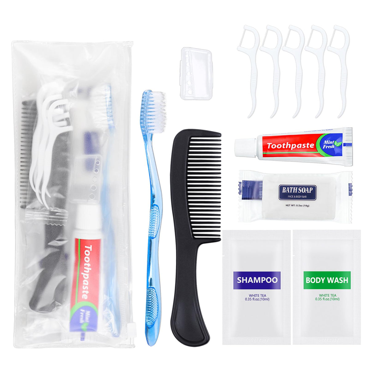 25 Sets Personal Hygiene Kit Basic Toiletry Kits Homeless Supplies Bulk for Travel,Charity,Business Include 25 Toothbrush,25 Toothpaste,25 Comb,25 Bath Soap, 25 Shampoo,25 Body Wash, 125 Floss Picks