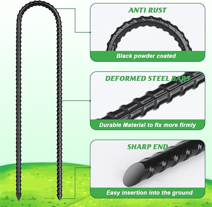 Gtongoko Trampolines Wind Stakes 16 Pack 12 Inch, 0.3 Inch Thick Heavy Duty U Shaped Rebar Tent Stakes Ground Anchors Galvanized Steel Safety Trampoline Anchors for Camping Tents, Soccer Goals