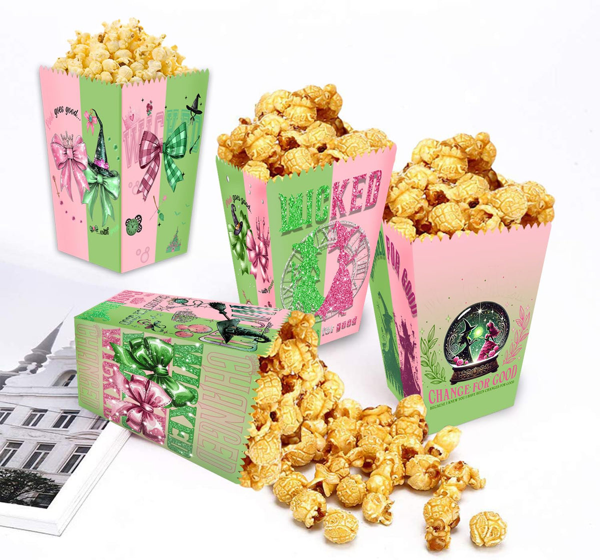 24pcs Witch theme Party Popcorn Boxes ,Green and Pink Popcorn Treat Boxes Dessert Cookie for Birthday Party Decorations