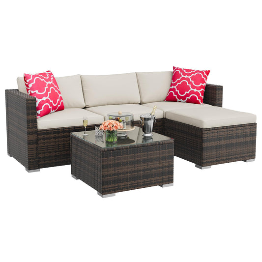 GAOMON 5-Piece All-Weather Patio Furniture Set, Convertible Outdoor Sectional Sofa with Ottoman & Tempered Glass Table, PE Rattan Conversation Set for Garden, Backyard, Porch, Poolside
