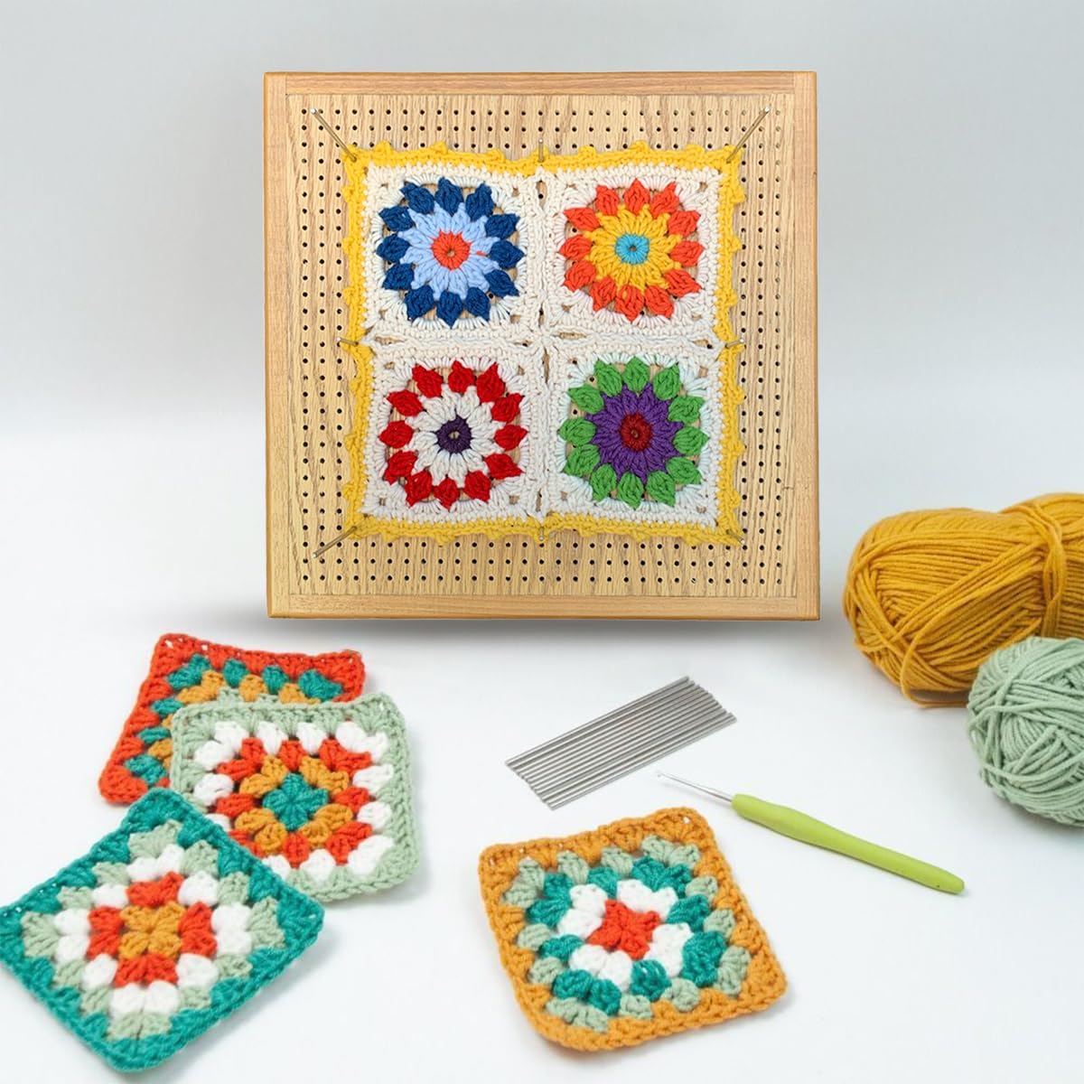 Crafts By KFRod - Top Quality Blocking Board for Crocheting, Christmas Gift, 13 X 13 Inches with Grids Specially Designed Wood Crochet Blocking Board + Including 20 Stainless Steel Pins
