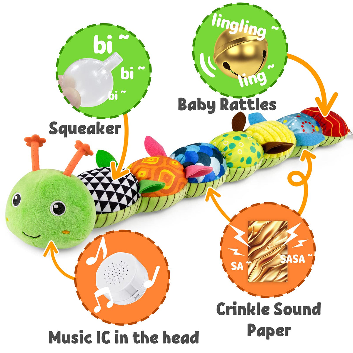 LIGHTDESIRE Baby Toys Musical Caterpillar,Infant Stuffed Animal Toy with Crinkle and Rattles,Soft Sensory Toys with Textures for Tummy Time Newborn Boys Girls 0 3 6 12 Months(Green)
