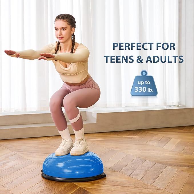 ZELUS Balance Ball Trainer with Resistance Bands and Foot Pump, Inflatable Yoga Ball for Home Gym Workouts, 23 Inch Exercise Half Ball for Balance Training Core Strength Fitness More, 330lb Cap