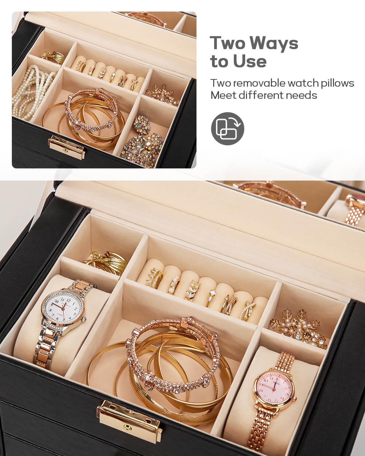 Homde Synthetic Leather Huge Jewelry Box Mirrored Watch Organizer Necklace Ring Earring Storage Lockable Gift Case (Black + Gold)