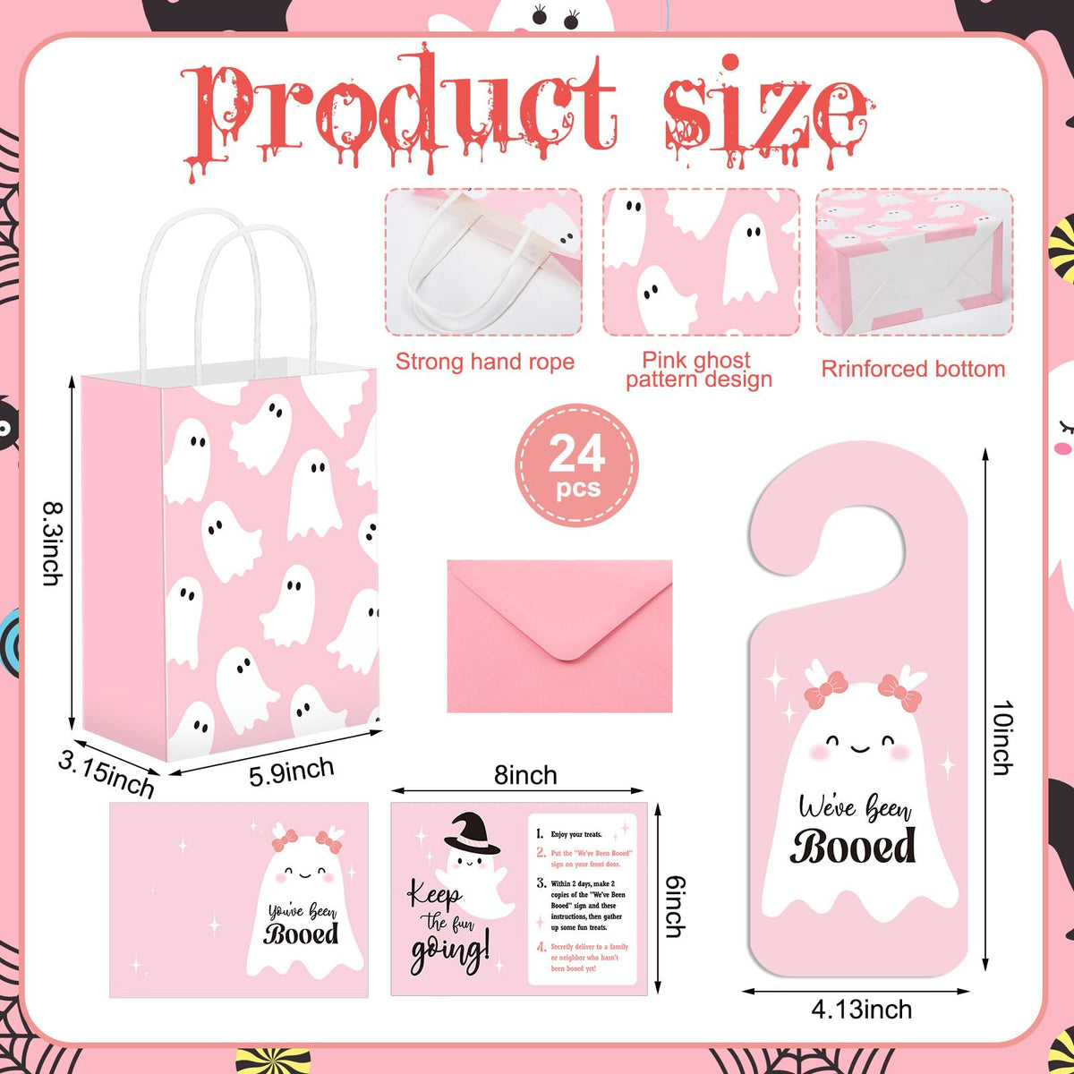Resholder 24 Set Halloween You've Been Booed Ghost Paper Gift Treat Bag Kit with 24 Boo Gift Bags 24 Cardstock 24 We've Been Booed Doorknob Hangers 24 Envelopes for Neighbors Friends(Pink Ghost)