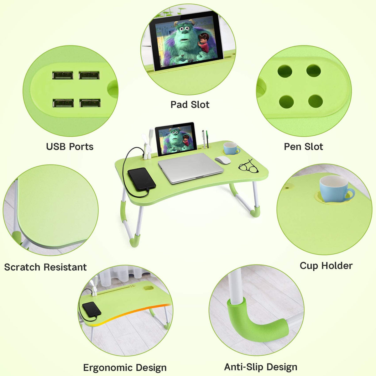 Slendor Lap Desk with Cup Holder, Foldable Laptop Table for Bed, Portable Bed Desk for Laptop and Writing, Computer Tray with Tablet Slot, Notebook Stand Reading Holder for Couch Sofa Floor,Green