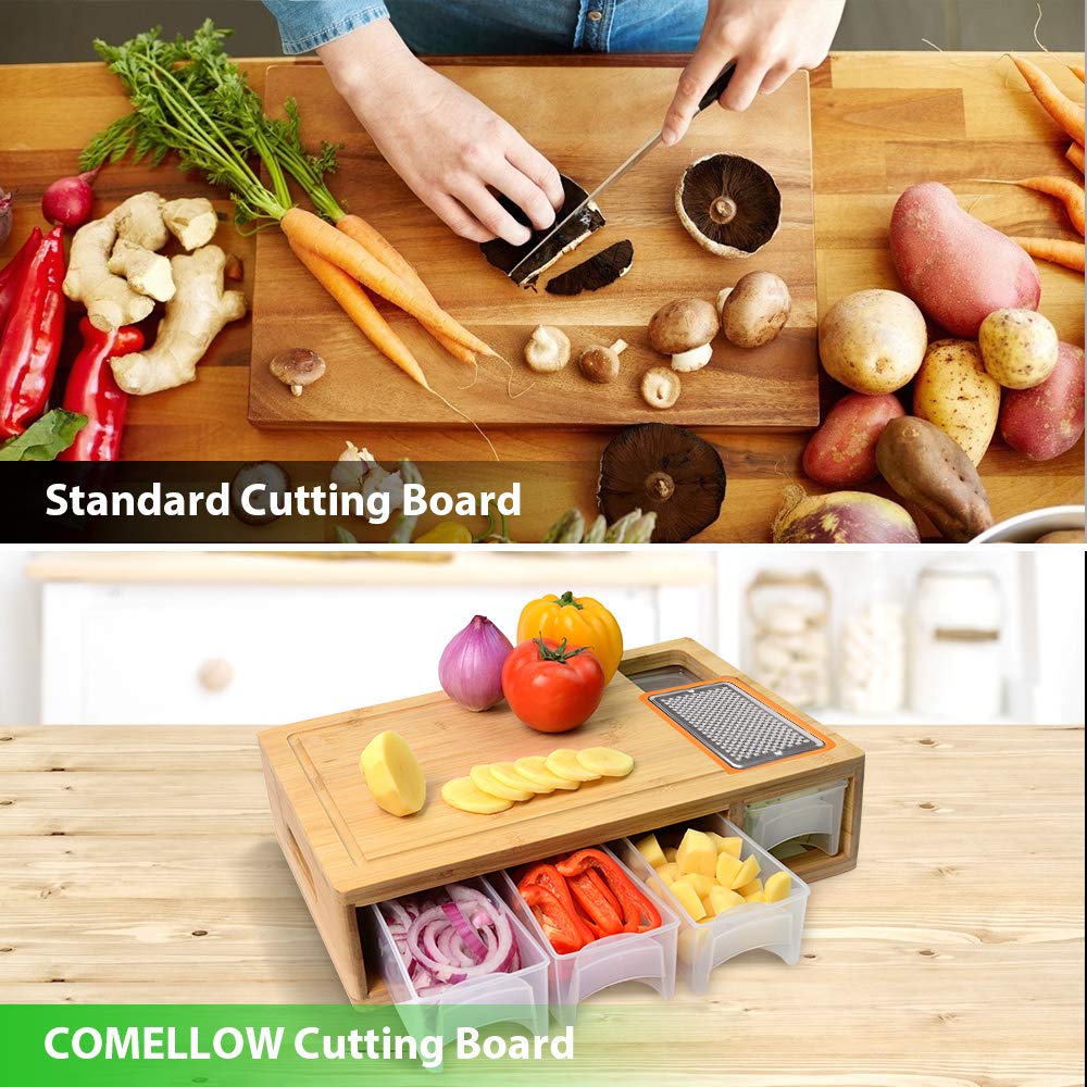 COMELLOW Bamboo Cutting Board with Containers, Lids, and Graters, Large Wood Cutting Board with Containers, Food Dropping Zone, Carving Board with Easy-grip Handle, Juice Groove