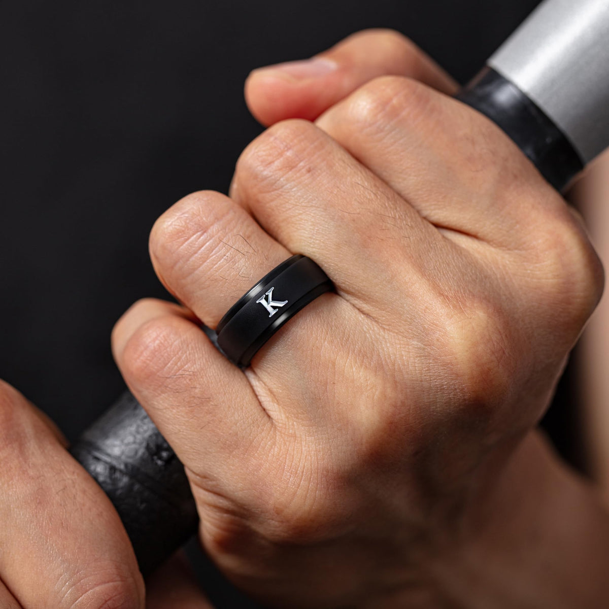 ThunderFit Black Silicone Initial Ring for Him - Personalized One Letter Wedding Rubber Band - Comfortable Fit - Unique Anniversary, Birthday Gifts for Men with Gift Box (K, Size 8.5-9)