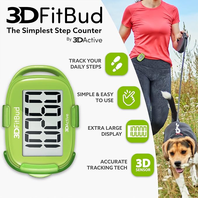 3DFitBud Simple Step Counter Walking 3D Pedometer from 3DActive with Clip & Lanyard - A420S