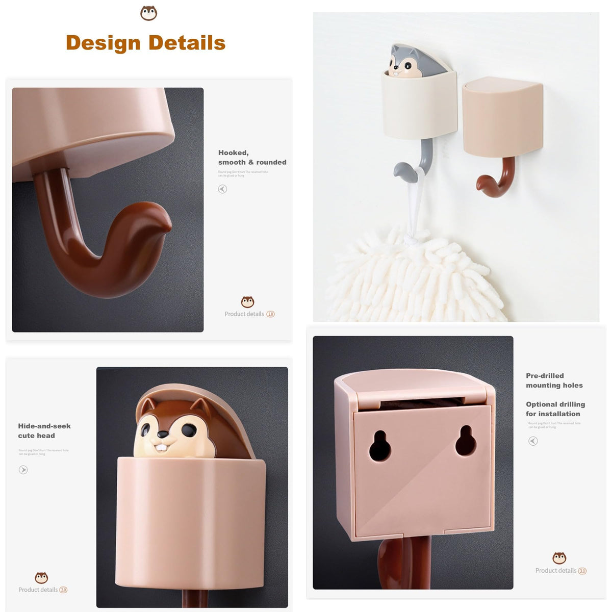 GCFTIFF 2 Pcs Creative Squirrel Cute Pet Key Holder wall Mount, Keychain Command Hooks,siding Hooks,Hook for Coat, Scarf, Hat, Towel, Bag, Utility Hook for Wall Hanging Decorations (Coffee&Gray)