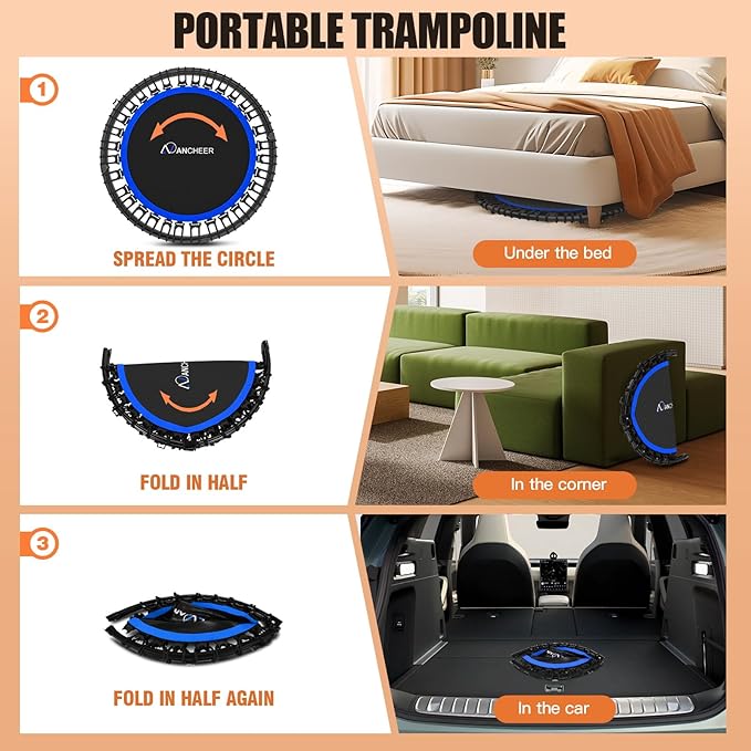 ANCHEER 40"/48" Foldable Rebounder Trampoline for Adults/Kids with Resistance Bands and Bungees, Indoor & Outdoor Mini Trampoline with Bar and Safety Padding - Max Load 450lbs/550lbs