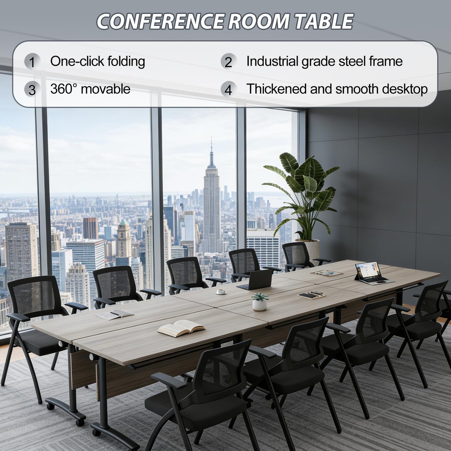 Folding Conference Room Table with Wheels, 6ft Modular Large Mobile Modern Conference Tables Office Meeting Training Table for Classroom(8, Gray, D 55")