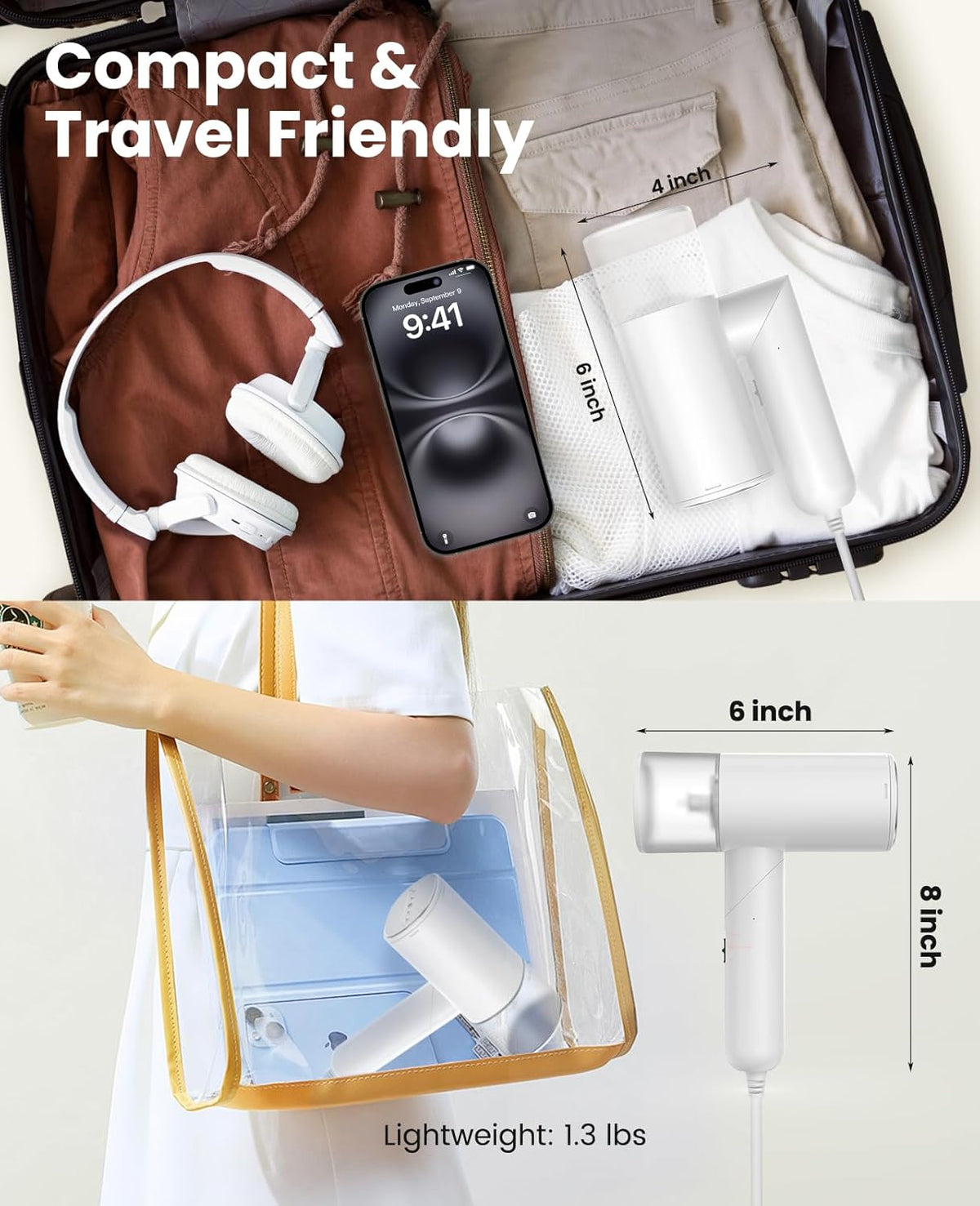 Skiennix Handheld Clothes Steamer - 1200W Portable Travel Iron with 150ml Tank | Fast 20 Sec Preheat - White