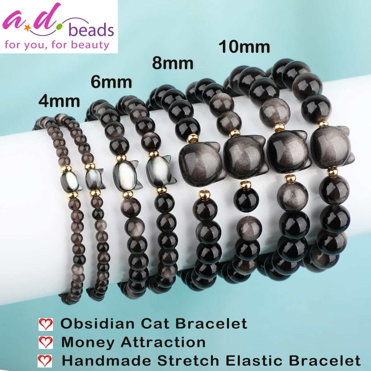 AD Beads 4mm Cat Head Silver Obsidian Bracelet – Attract Money, Abundance & Business Luck, Beaded Spiritual Energy Bracelet for Women and Men