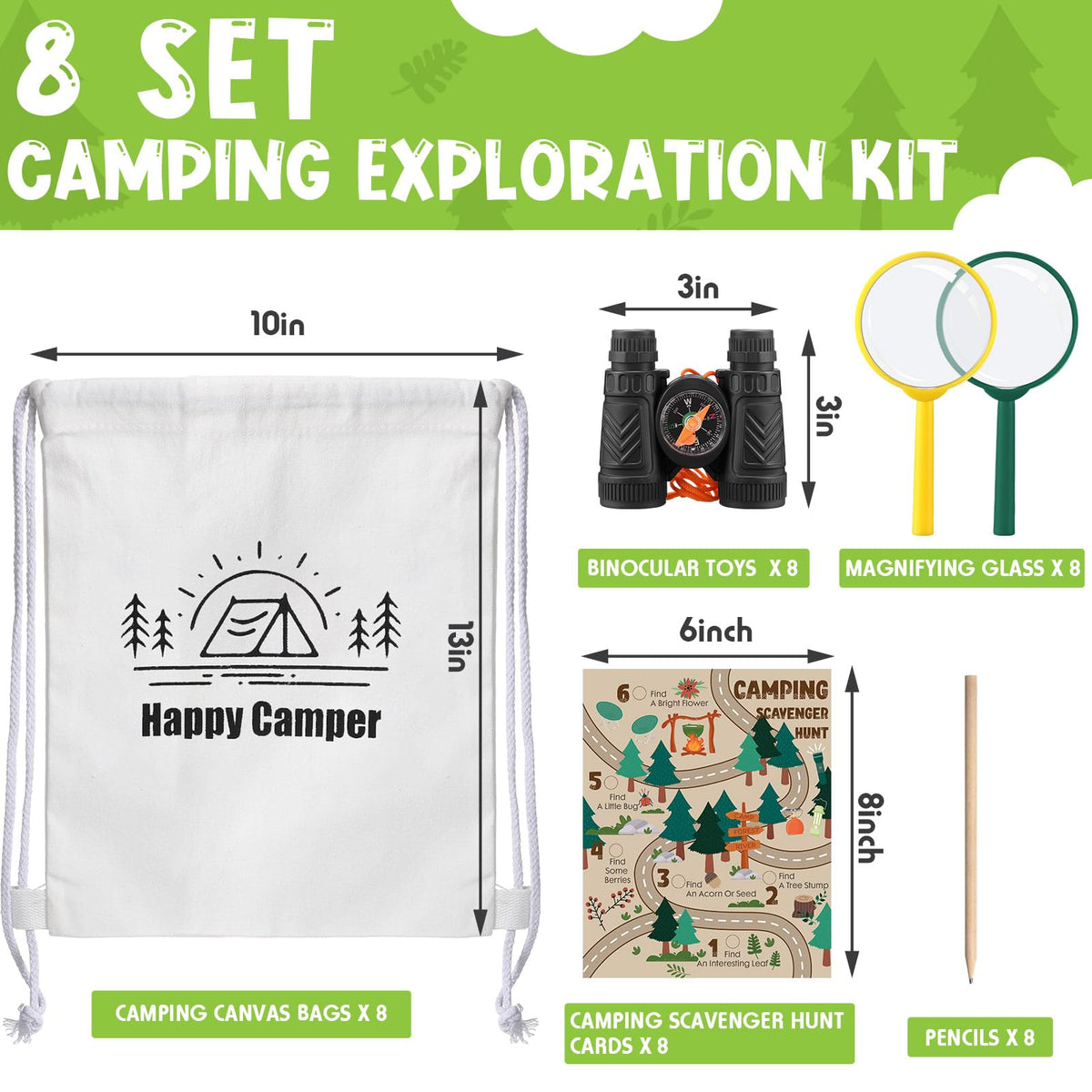 HyDren 8 Sets Camping Party Favors for Kids Safari Party Favors with 8 Camping Scavenger Hunt Cards 8 Canvas Gift Bags 8 Binocular Toys 8 Magnifying Glass 9 Pencils Outdoor Exploration Kit