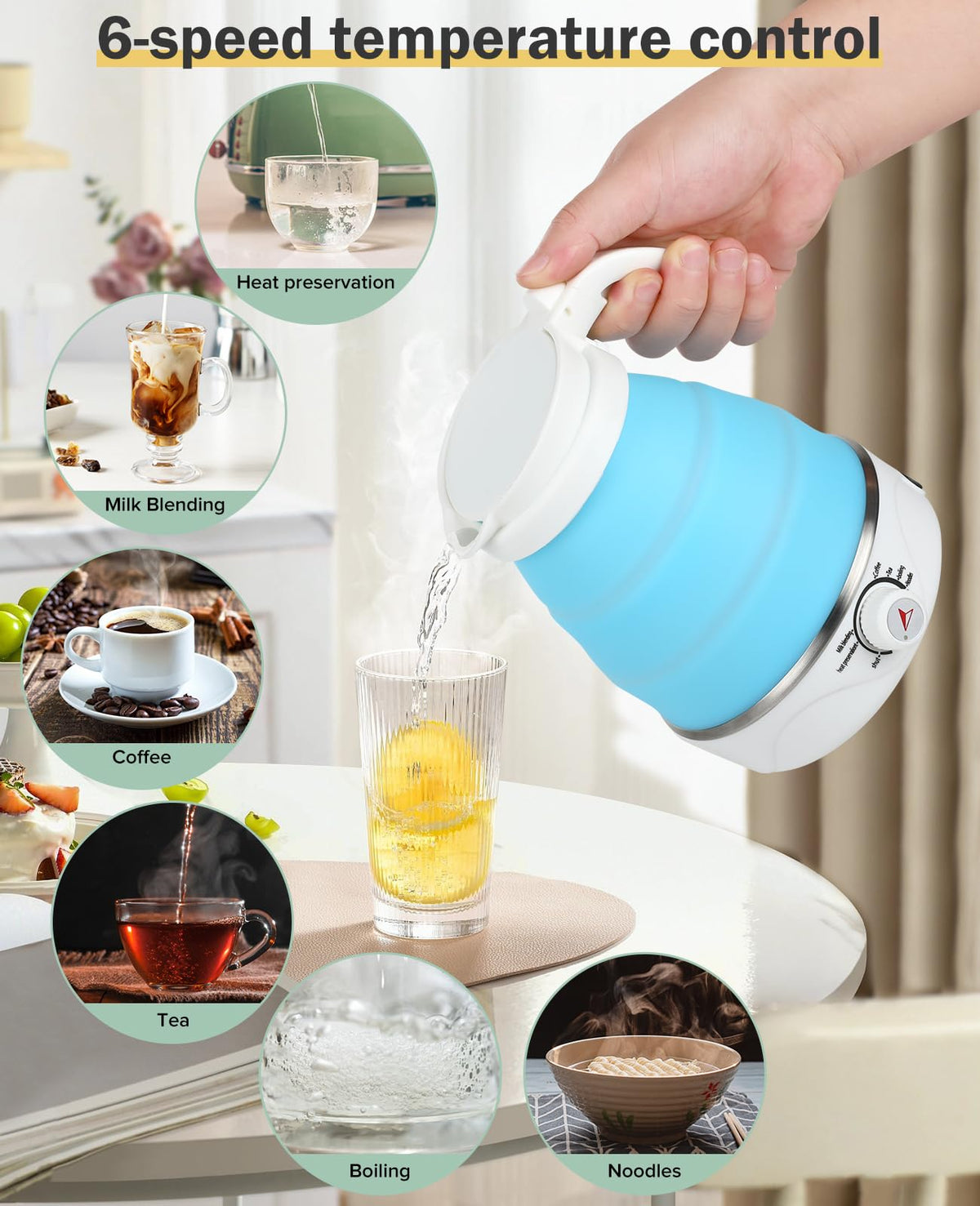 Portable Electric Travel Kettle, 600ml Collapsible Silicone Kettle with Temperature Adjustment Function for Camping, Hotels and Travel (BLUE)