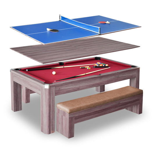 Hathaway Newport 7 Foot Dining Pool Table Combo with Game Accessories, & 2 Benches – Multifunctional Billiards Table with Ping Pong & Dining Top – Light Oak Finish, Chrome Accents, Red Felt