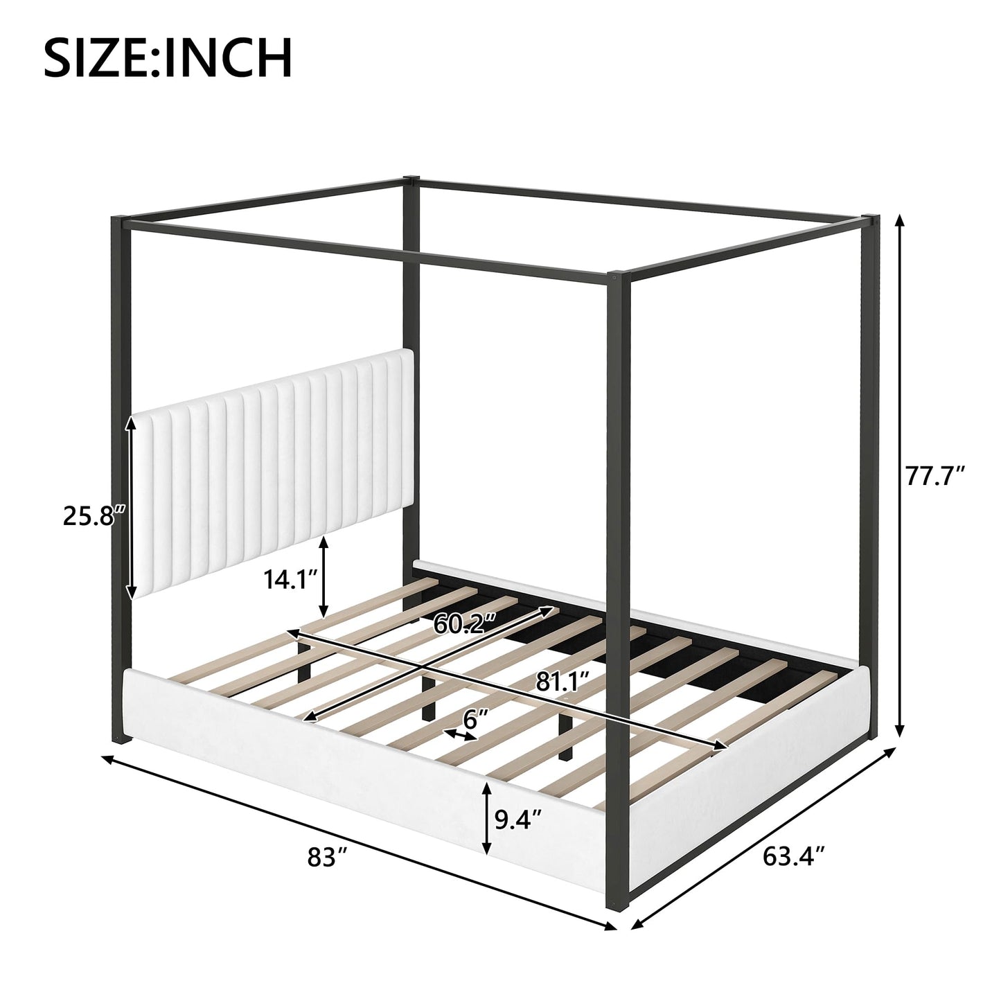 GDFStudio Queen Size Canopy Bed Frame with Upholstered Headboard, Metal Frame Platform Design, Four Poster Metal Frame Bed, Romantic Bedroom Decor, Modern Bedroom Furniture, Black White