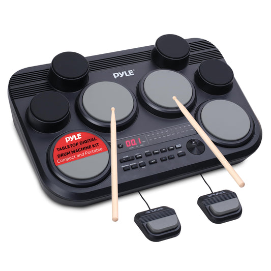 Pyle Electronic Tabletop Drum Pad Set - Compact Portable Drum Kit w/ 8 Touch Sensitive Drum Pads and Pedals, 600 Sounds, USB & Headphone Outputs, MIDI/AUX Inputs - 80 Preloaded Kits (Black)