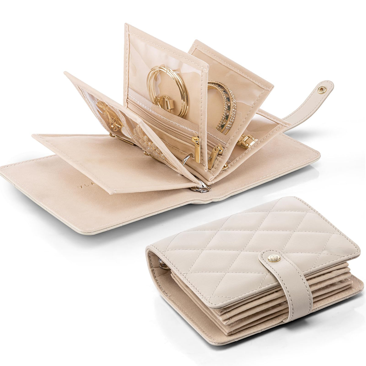 VLANDO Mini Travel Jewelry Organizer Case,Portable Jewelry Organizers Storage Book with Clear Zipper Velvet Jewelry Pouch Bag for Travel Essentials,Ring,Earring-Cream White