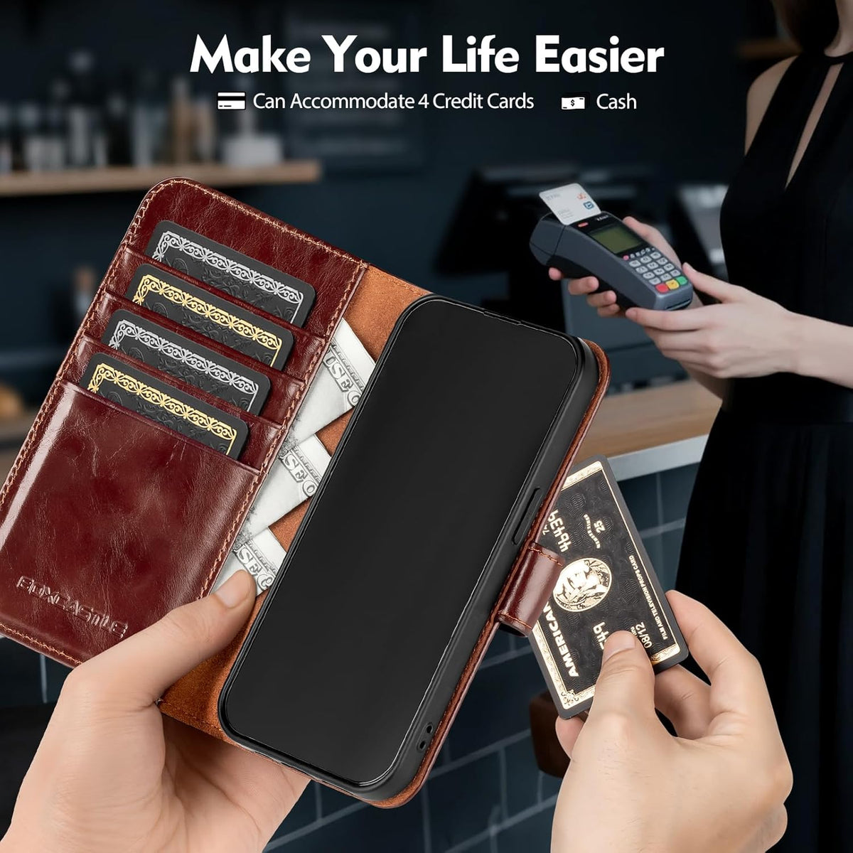 BoxCastle 13 13 6.1,Brown Compatible with iPhone Genuine Leather Case Wallet with Card Holder,Women Men Real Leather