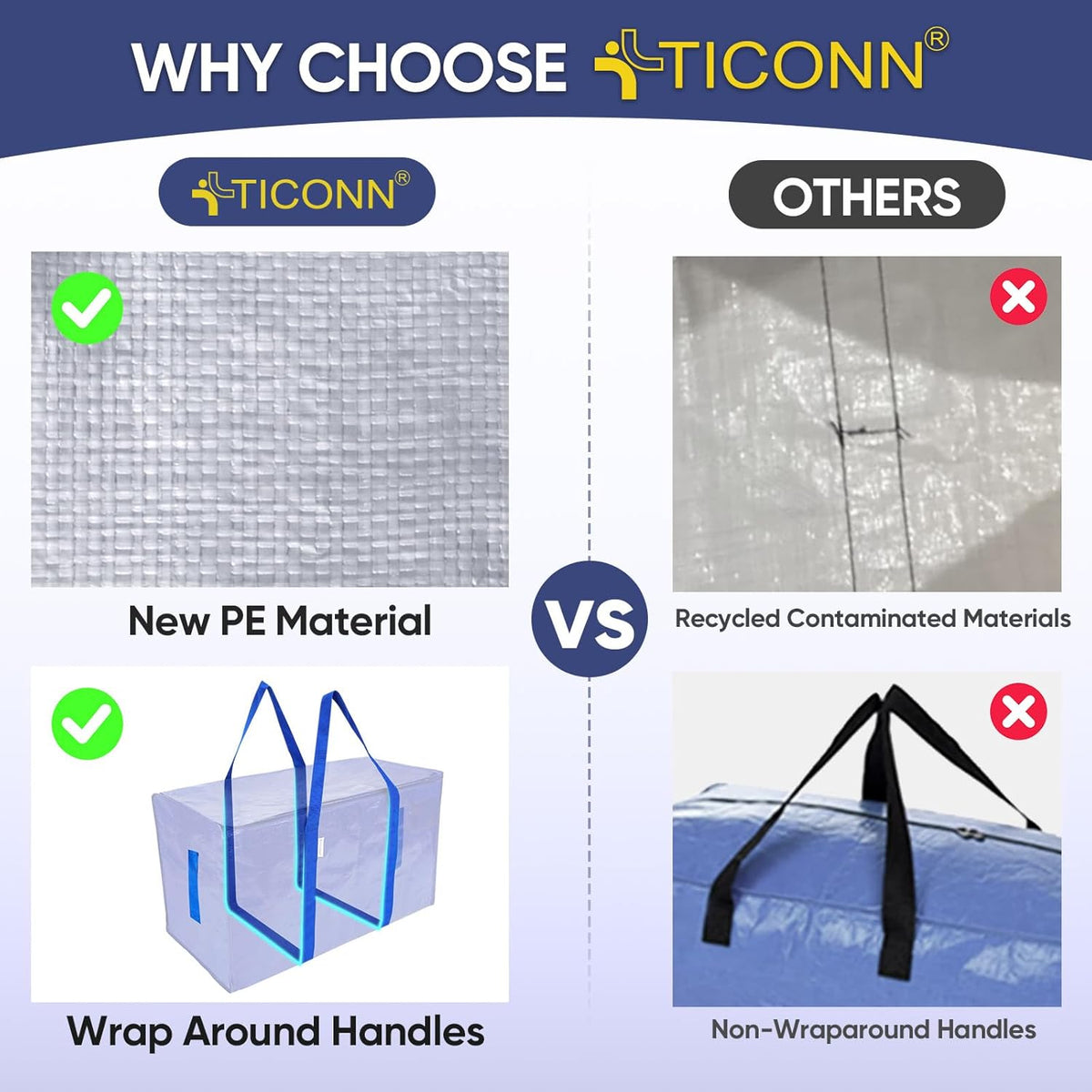 TICONN Extra Large Moving Bags - Heavy Duty Storage with Zippers & Handles | 6 Pack, Blue