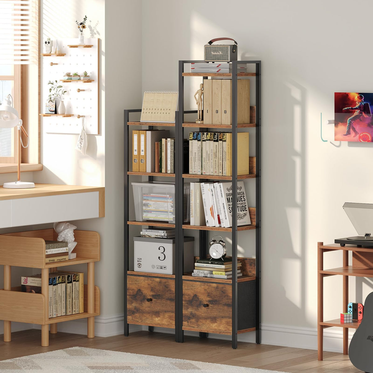 MAHANCRIS Bookshelf, 5-Tier Bookcase with Drawer, Small Book Shelf for Small Space, Storage Shelf Organizer, for Living Room, Bedroom, Study, Kitchen, Rustic Brown and Black BKHR55101